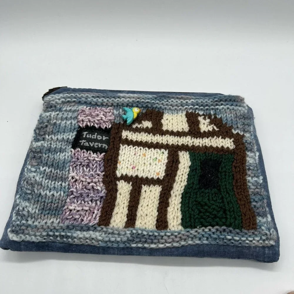 Crochet Knit Small Cosmetic Bag Bird House Jean Fabric Quilt 8.5x7